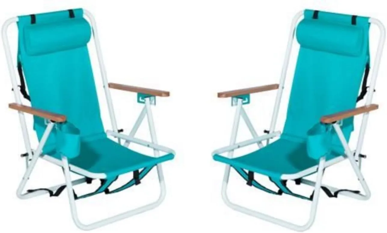 Folding Beach Chair Set of 2 for Adults, 4 Position Portable Backpack Foldable Camping Chair with Headrest Cup Holder and Wooden Armrests, Green