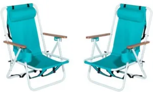 Folding Beach Chair Set of 2 for Adults, 4 Position Portable Backpack Foldable Camping Chair with Headrest Cup Holder and Wooden Armrests, Green