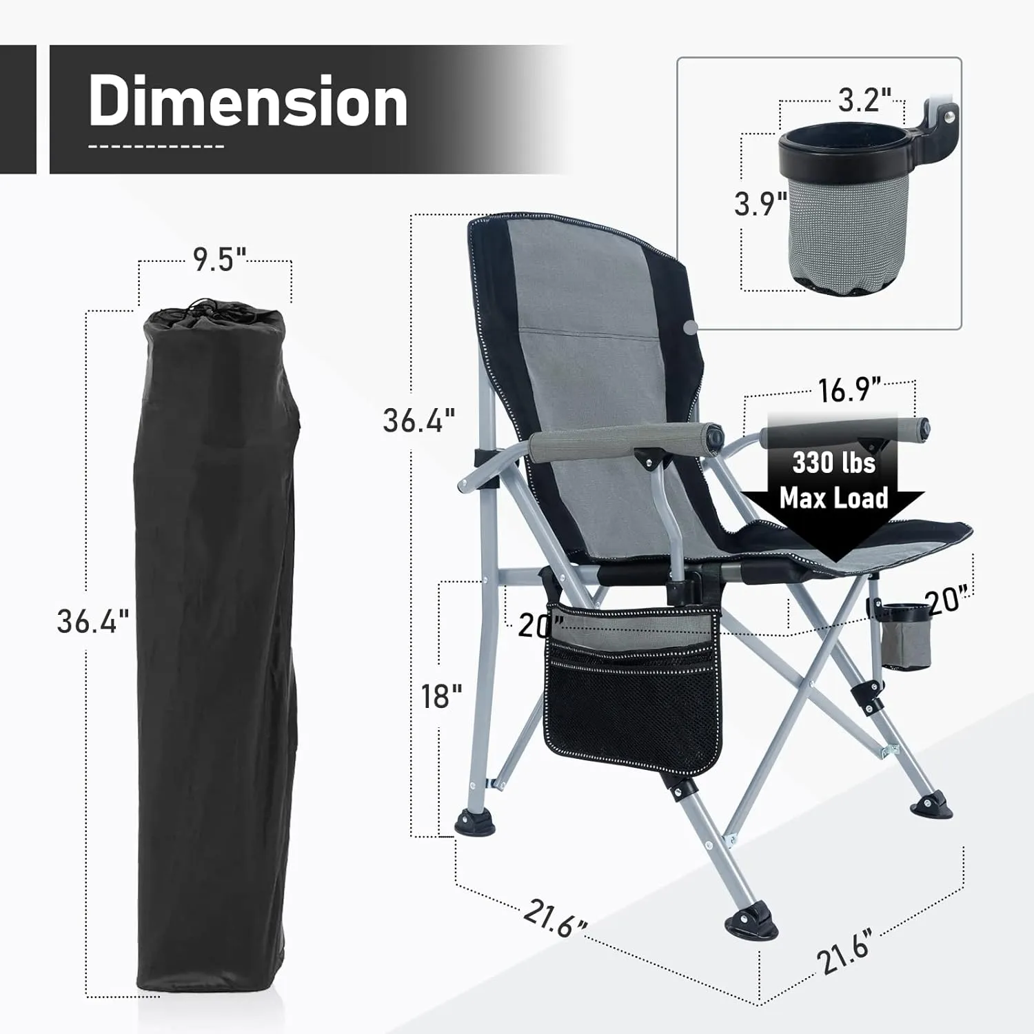 Folding Camping Chair Heavy Duty Portable Outdoor Chairs Supports 330lbs Collapsible Foldable Chair for Outside with Cup Holder&Carry Bag, Folding Lawn Chair for Camp Beach Fishing Sports(Gray)