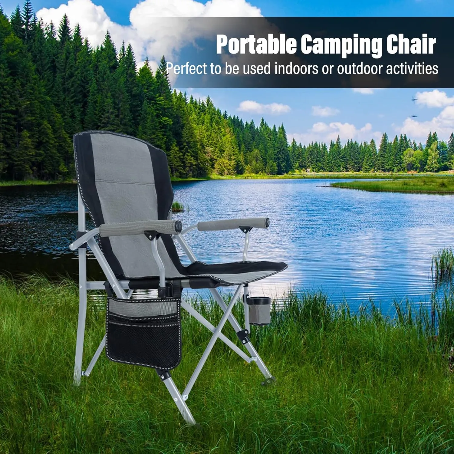 Folding Camping Chair Heavy Duty Portable Outdoor Chairs Supports 330lbs Collapsible Foldable Chair for Outside with Cup Holder&Carry Bag, Folding Lawn Chair for Camp Beach Fishing Sports(Gray)