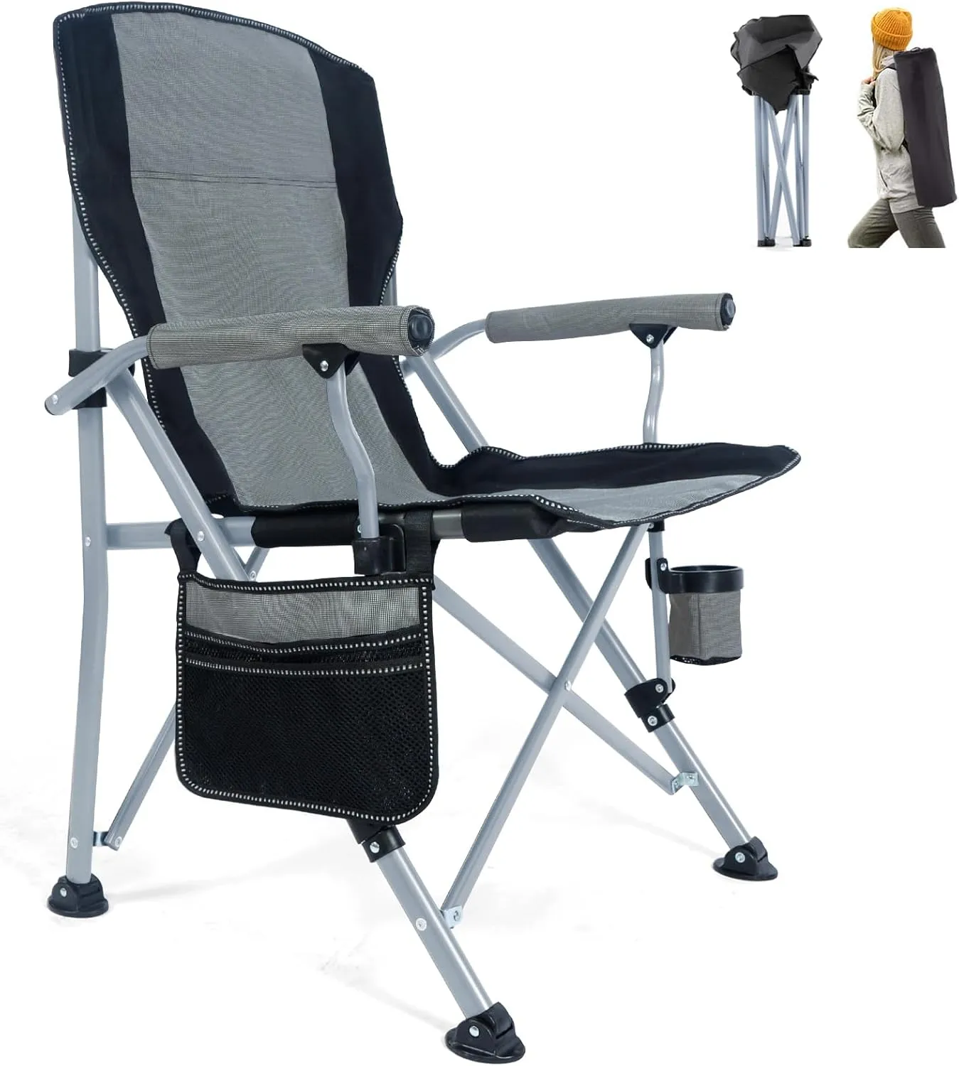 Folding Camping Chair Heavy Duty Portable Outdoor Chairs Supports 330lbs Collapsible Foldable Chair for Outside with Cup Holder&Carry Bag, Folding Lawn Chair for Camp Beach Fishing Sports(Gray)