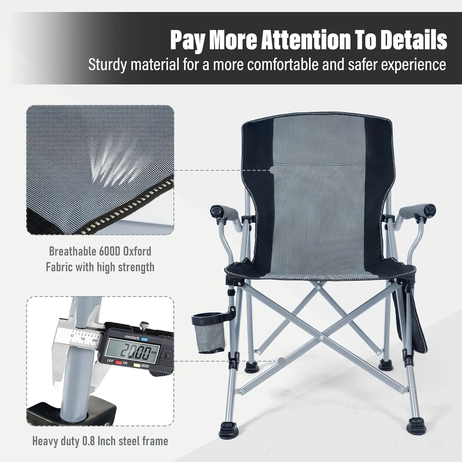 Folding Camping Chair Heavy Duty Portable Outdoor Chairs Supports 330lbs Collapsible Foldable Chair for Outside with Cup Holder&Carry Bag, Folding Lawn Chair for Camp Beach Fishing Sports(Gray)