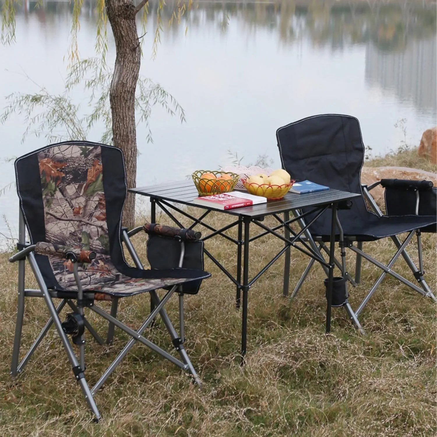 Folding Camping Chair, Portable High Back Padded Garden Chair with Armrests, Outdoor Chairs with Arm Rest Cup Holder and Portable Carrying Bag for Fishing Garden Picnic Grey
