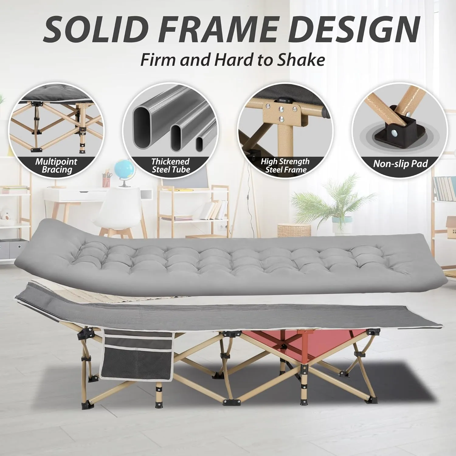 Folding Camping Cot for Sleeping, Portable Cots for Adults, Heavy Duty Cot Bed 550LBS(Max Load), Extra Wider Cots with Large Pocket for Outdoor, Office, Beach