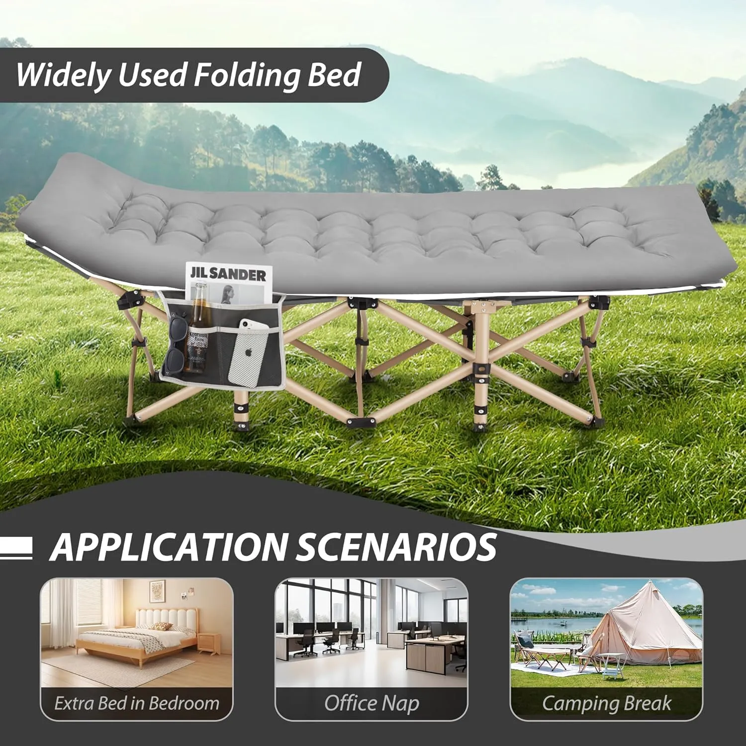 Folding Camping Cot for Sleeping, Portable Cots for Adults, Heavy Duty Cot Bed 550LBS(Max Load), Extra Wider Cots with Large Pocket for Outdoor, Office, Beach