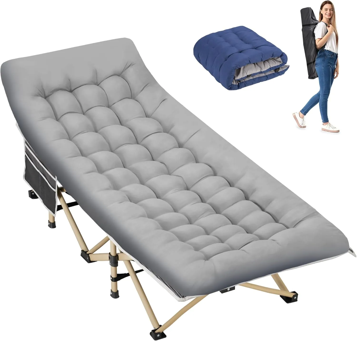 Folding Camping Cot for Sleeping, Portable Cots for Adults, Heavy Duty Cot Bed 550LBS(Max Load), Extra Wider Cots with Large Pocket for Outdoor, Office, Beach