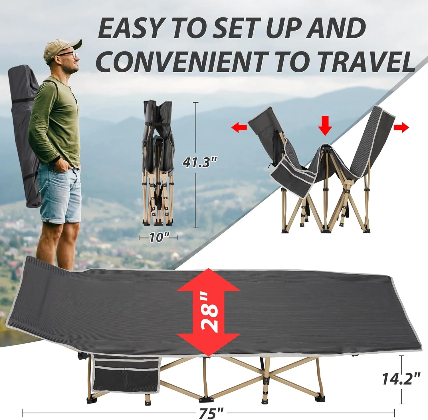 Folding Camping Cot for Sleeping, Portable Cots for Adults, Heavy Duty Cot Bed 550LBS(Max Load), Extra Wider Cots with Large Pocket for Outdoor, Office, Beach