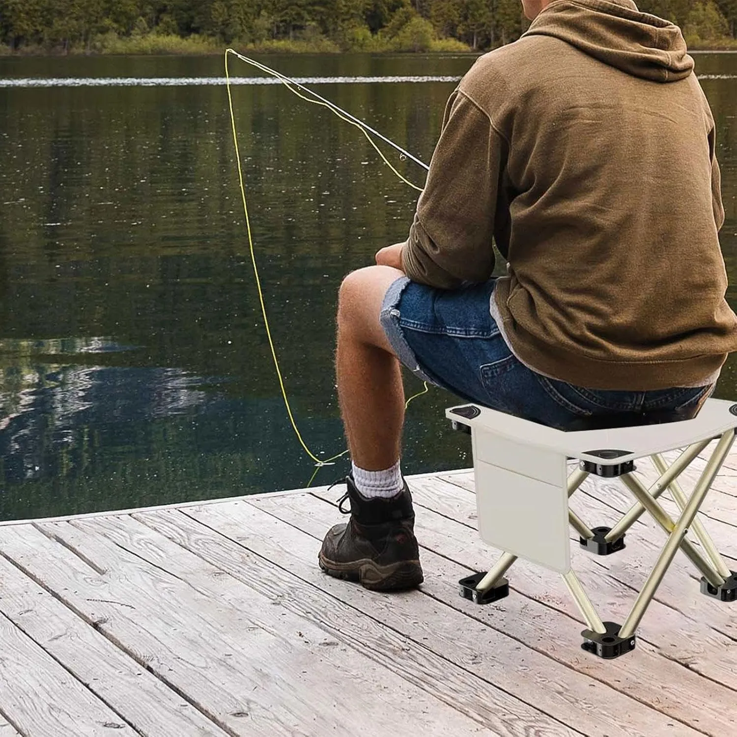 Folding Camping Stool Foot Rest Stool Compact Lightweight with Side Pocket Small Foldable Chair for BBQ Garden Traveling Lawn, White, 33cmx33cmx32cm