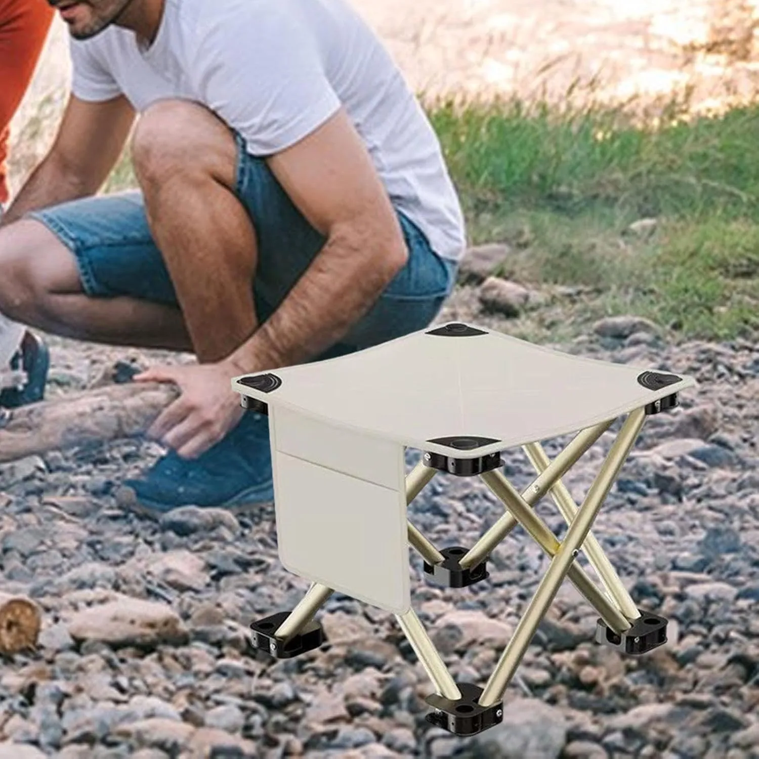 Folding Camping Stool Foot Rest Stool Compact Lightweight with Side Pocket Small Foldable Chair for BBQ Garden Traveling Lawn, White, 33cmx33cmx32cm