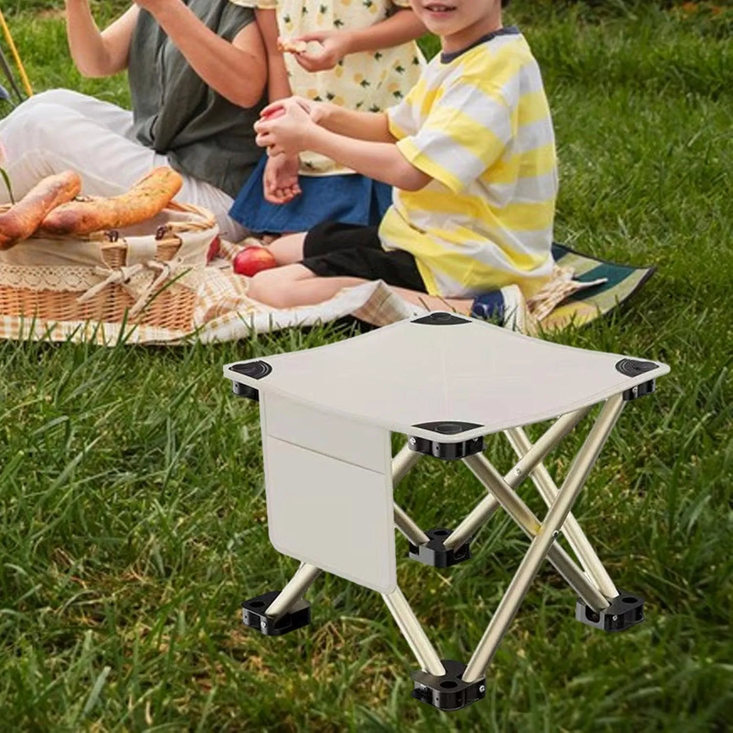 Folding Camping Stool Foot Rest Stool Compact Lightweight with Side Pocket Small Foldable Chair for BBQ Garden Traveling Lawn, White, 33cmx33cmx32cm