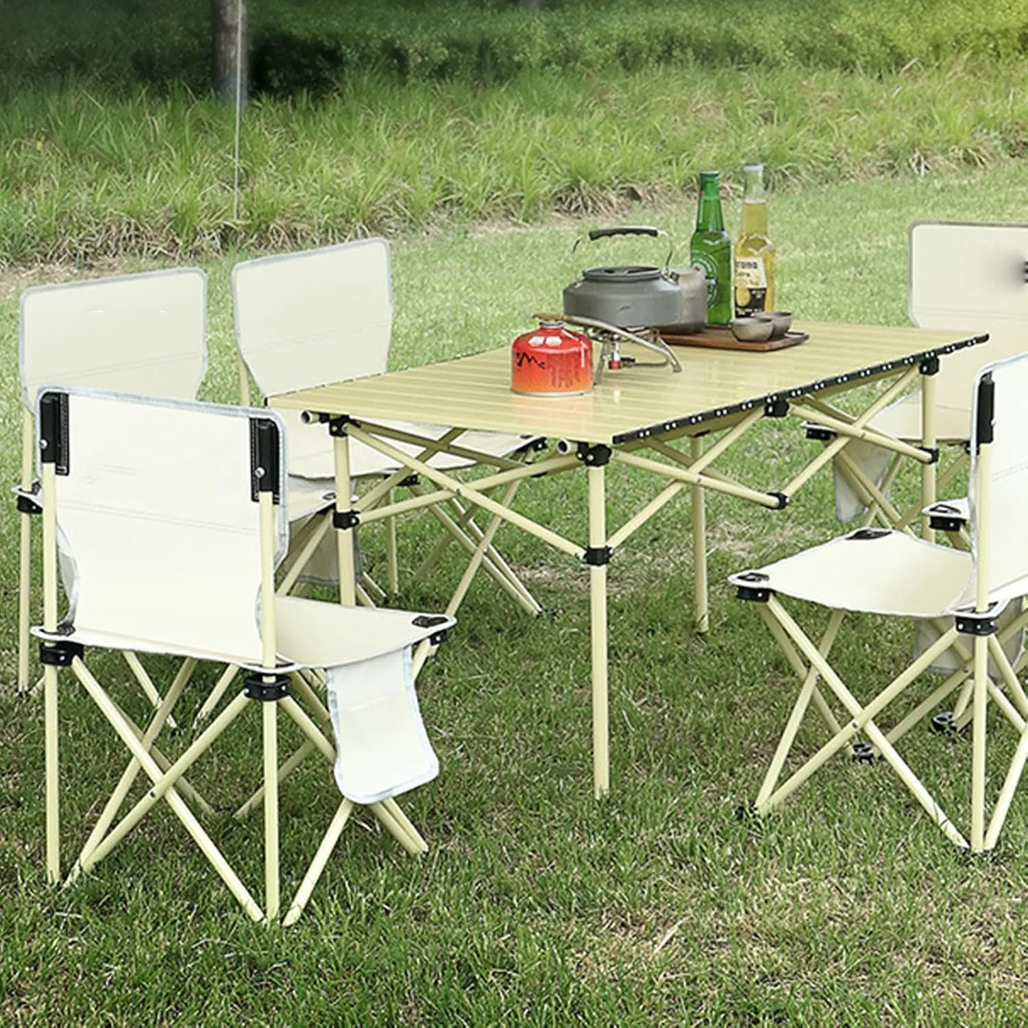 Folding Camping Table and Chairs Set, Portable Lightweight Picnic Table with Carrying Bag and Aluminium Roll-up Top Ultralight Beach Table Chairs