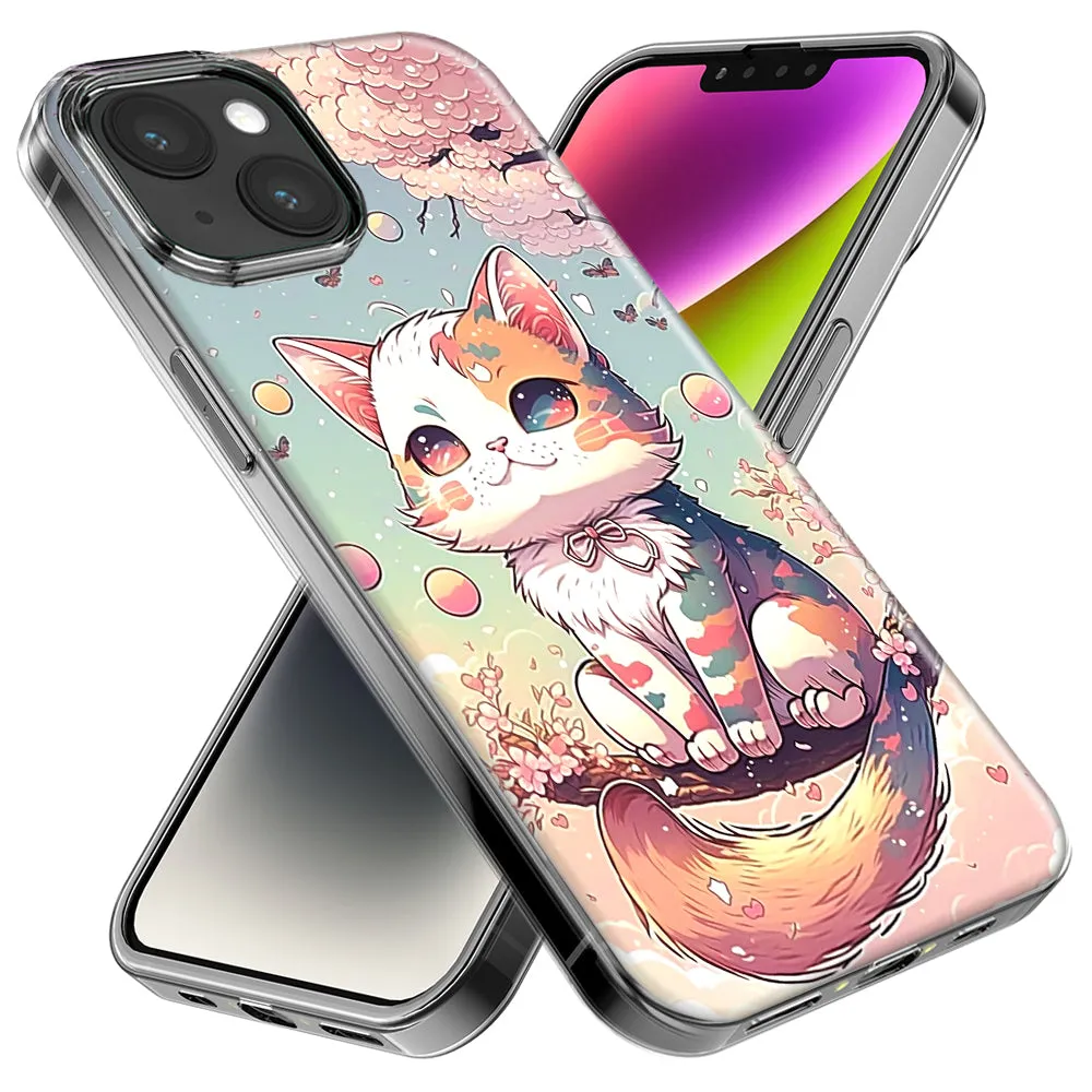For Apple iPhone 14 Pro Max Kawaii Manga Pink Cherry Blossom Cute Cat Design Hybrid Protective Phone Case Cover