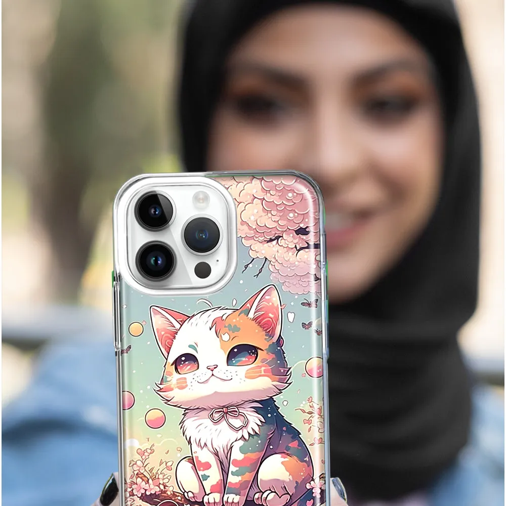 For Apple iPhone 14 Pro Max Kawaii Manga Pink Cherry Blossom Cute Cat Design Hybrid Protective Phone Case Cover