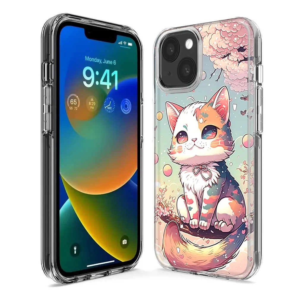 For Apple iPhone 14 Pro Max Kawaii Manga Pink Cherry Blossom Cute Cat Design Hybrid Protective Phone Case Cover