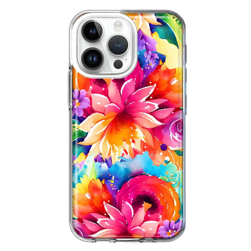 For Apple iPhone 14 Pro Max Watercolor Paint Summer Rainbow Flowers Bouquet Bloom Floral Design Hybrid Protective Phone Case Cover