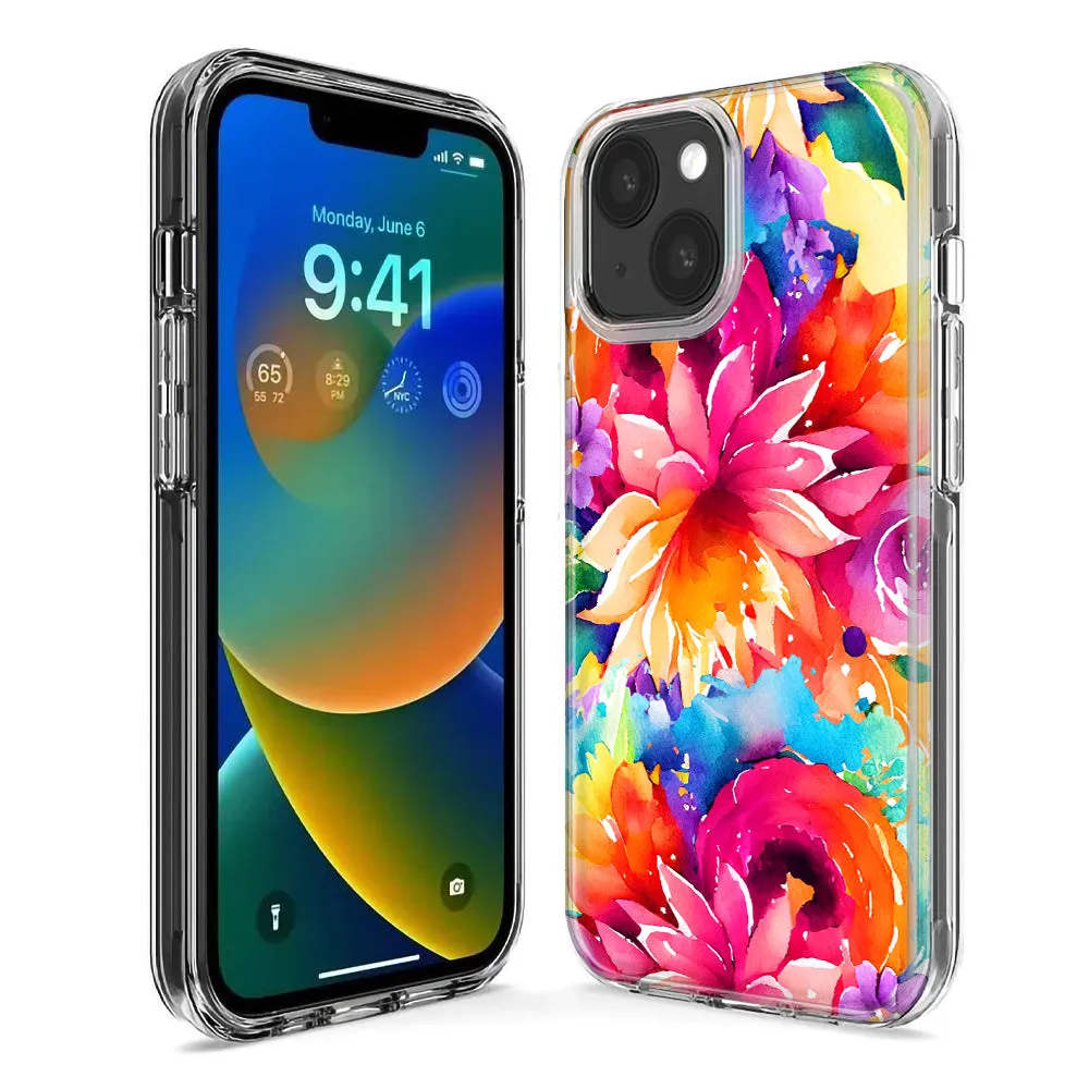 For Apple iPhone 14 Pro Max Watercolor Paint Summer Rainbow Flowers Bouquet Bloom Floral Design Hybrid Protective Phone Case Cover