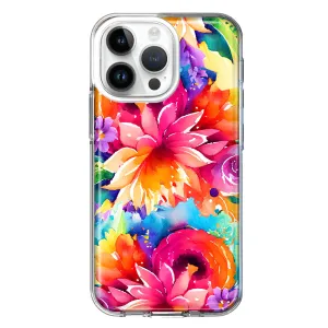 For Apple iPhone 14 Pro Max Watercolor Paint Summer Rainbow Flowers Bouquet Bloom Floral Design Hybrid Protective Phone Case Cover