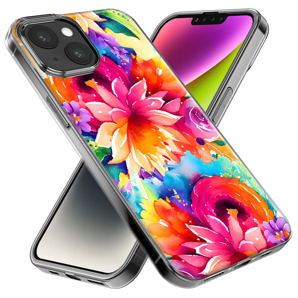 For Apple iPhone 14 Pro Max Watercolor Paint Summer Rainbow Flowers Bouquet Bloom Floral Design Hybrid Protective Phone Case Cover