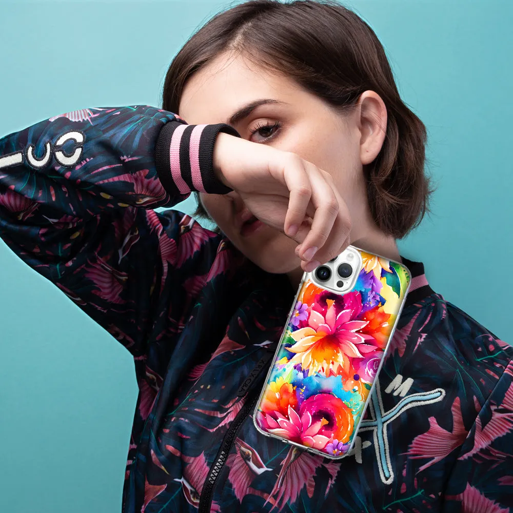 For Apple iPhone 14 Pro Max Watercolor Paint Summer Rainbow Flowers Bouquet Bloom Floral Design Hybrid Protective Phone Case Cover