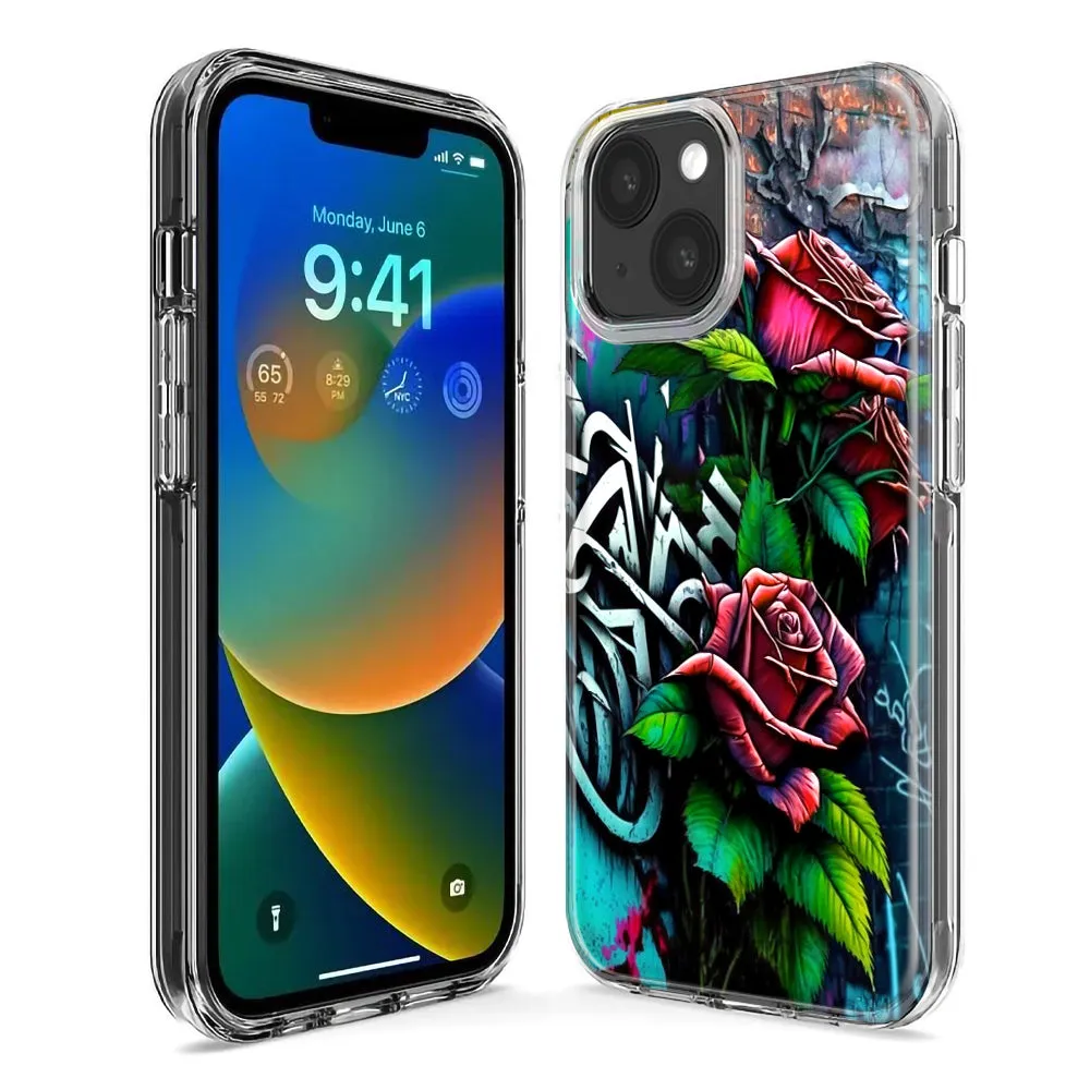 For Apple iPhone 15 Pro Red Roses Graffiti Painting Art Design Hybrid Protective Phone Case Cover