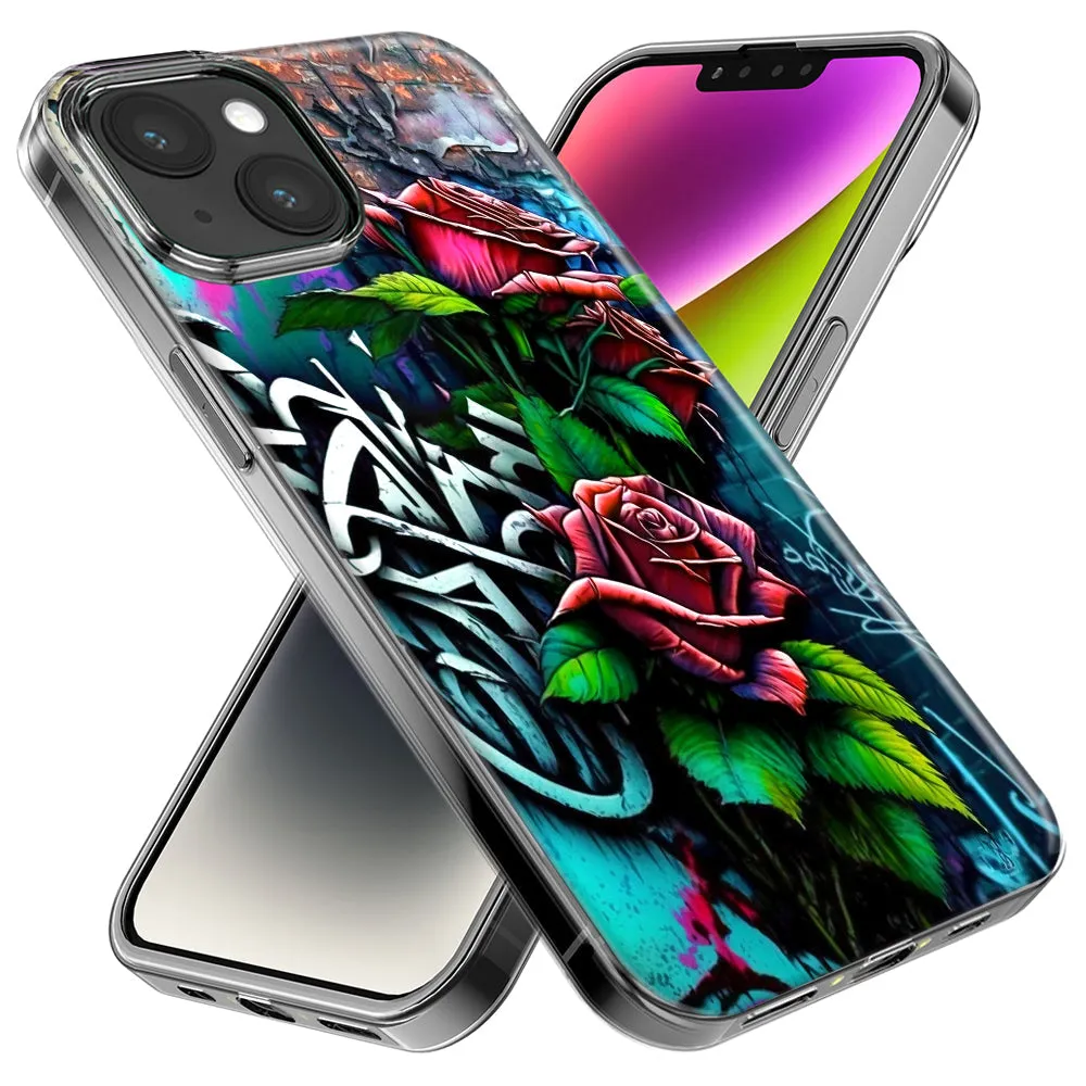For Apple iPhone 15 Pro Red Roses Graffiti Painting Art Design Hybrid Protective Phone Case Cover