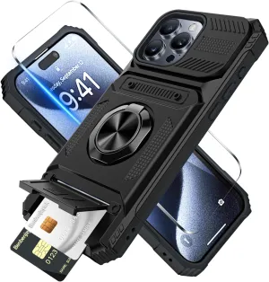 for iPhone 15 Pro max Wallet Case with Card Holder   1 Screen Protector, (2 Cards) & 360°Ring Kickstand Military Grade Drop Shockproof Rugged Case for iPhone 15 Pro Max 6.7" (Black)