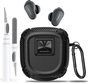for New Bose QuietComfort Earbuds II (2022) / Ultra (2023) Case Cover with Lock Clip&Cleaner kit Pen, Rugged Shockproof Protective Hard Skin with Carabiner Men Women for Bose QC 2 - Black
