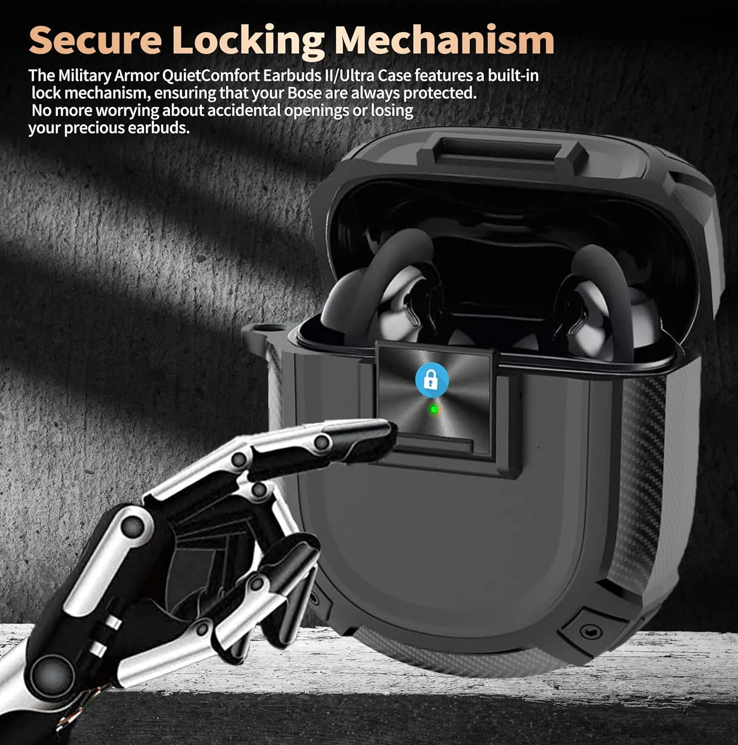 for New Bose QuietComfort Earbuds II (2022) / Ultra (2023) Case Cover with Lock Clip&Cleaner kit Pen, Rugged Shockproof Protective Hard Skin with Carabiner Men Women for Bose QC 2 - Black