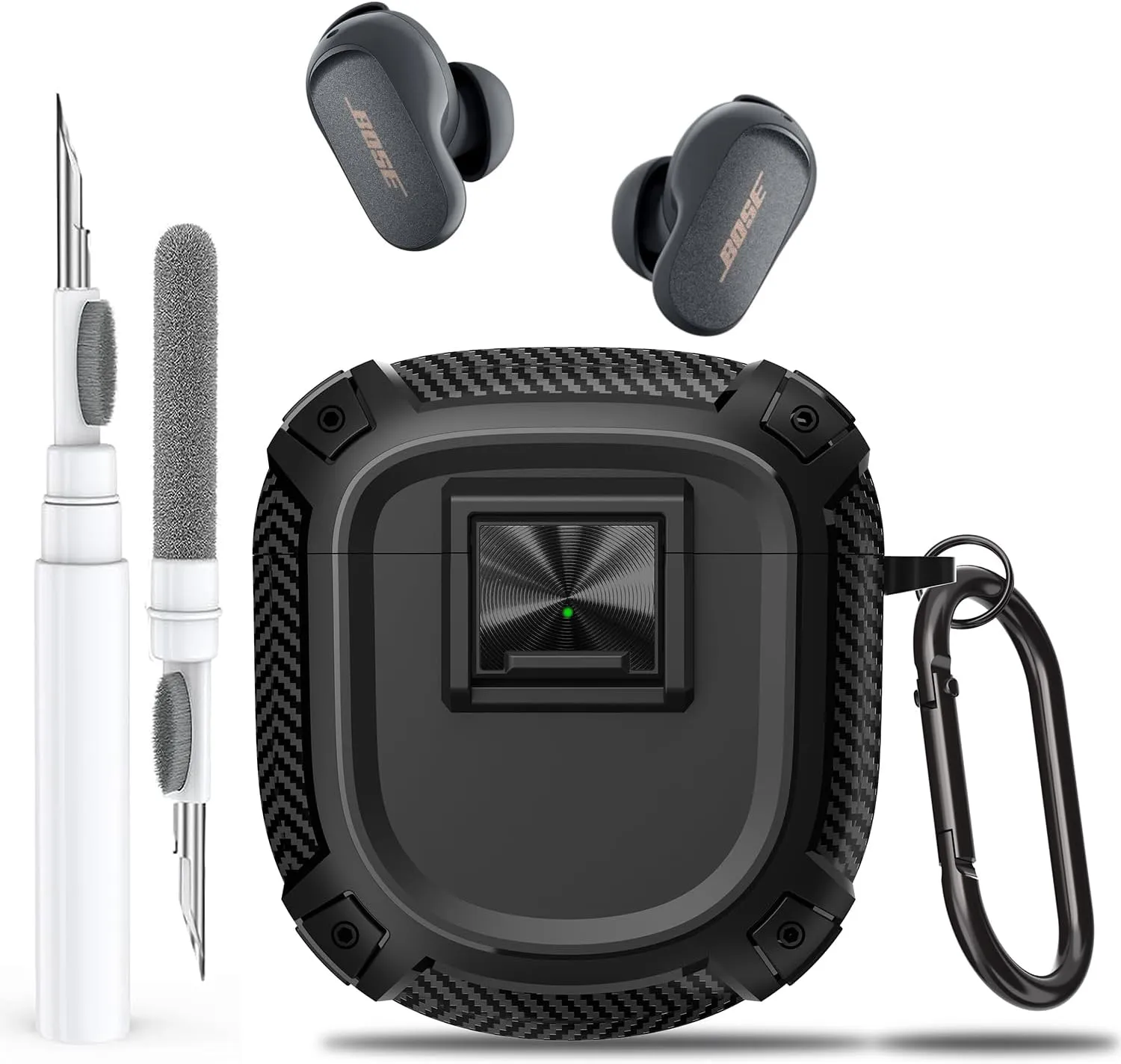 for New Bose QuietComfort Earbuds II (2022) / Ultra (2023) Case Cover with Lock Clip&Cleaner kit Pen, Rugged Shockproof Protective Hard Skin with Carabiner Men Women for Bose QC 2 - Black