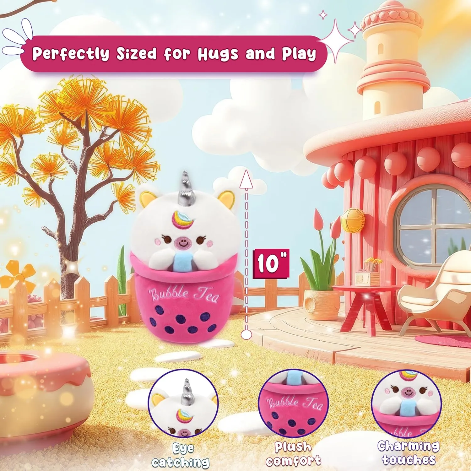 Forest& Twelfth Bubble Tea Plush Pink Plushie Cute Bubble Tea Plush with Adorable Unicorn on Top 10" Bubble Tea Decor Coffee Plush,Tea Stuffed Plush Animal Cup 4 Kids & Adults Cartoon Bubble Tea Gifts