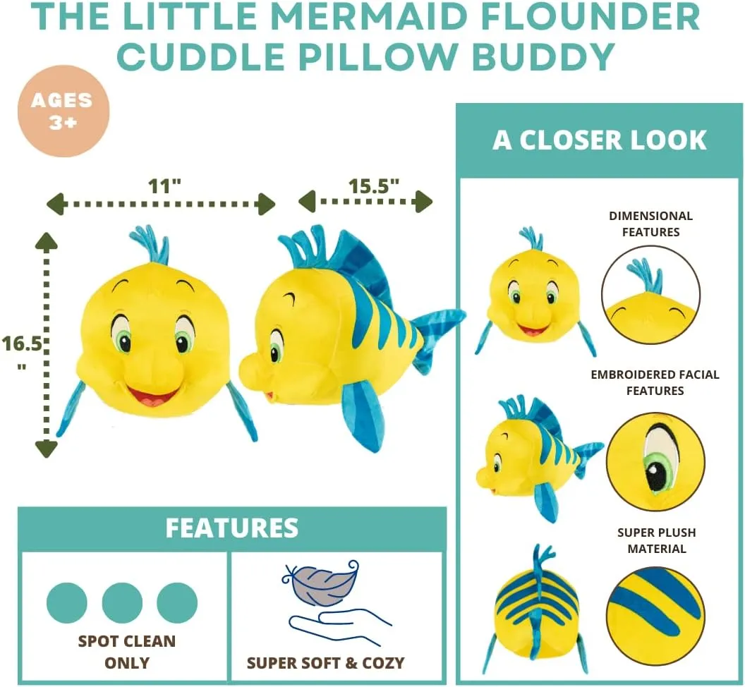 Franco The Little Mermaid Flounder Kids Bedding Super Soft Plush Cuddle Pillow Buddy, (Official Licensed Disney Product)
