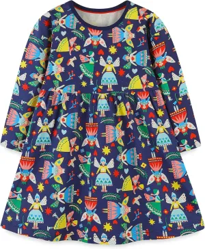 FreeLu Girls Cartoon Applique Dresses Striped Casual Dress Cotton Jersey Longsleeve T-Shirt