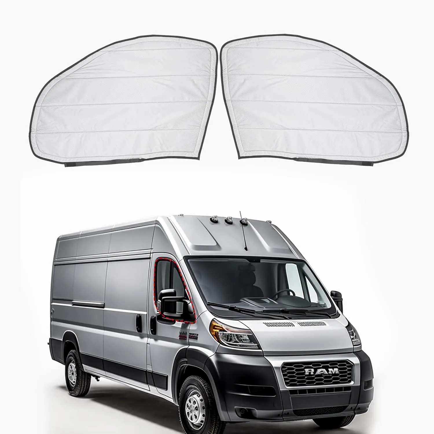 Front Door Window Cover for RAM Van with NO Plastic Trim, CAMPER MATTERS Campervan Thickened Oxford Insulated Blackout, for Year Model 2014 to Current