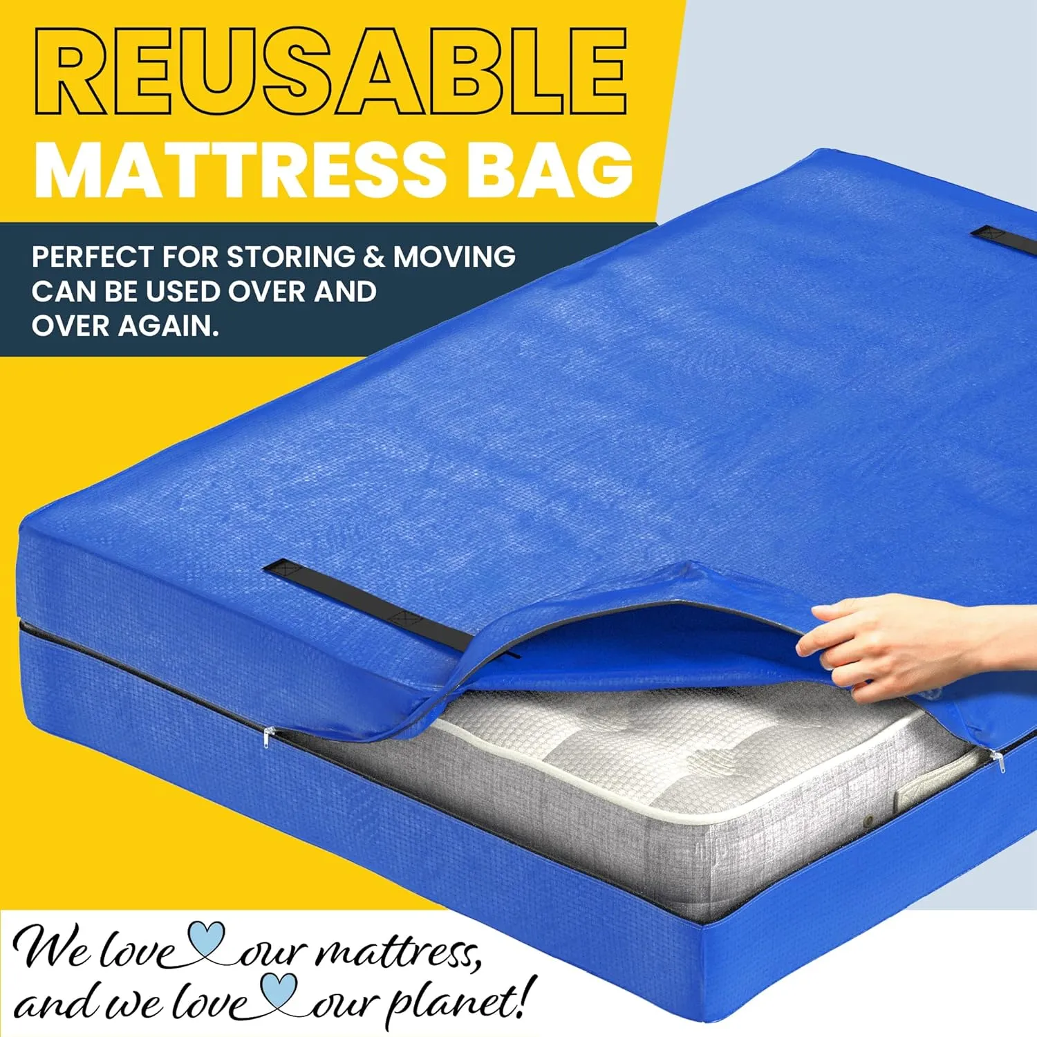 (Full) 10 Mil Thick - Moving and Storage Mattress Bag w Zipper and 8 Carrying Handles - Waterproof - UV Resistant - Heavy Duty - Long Lasting (Blue, Full)