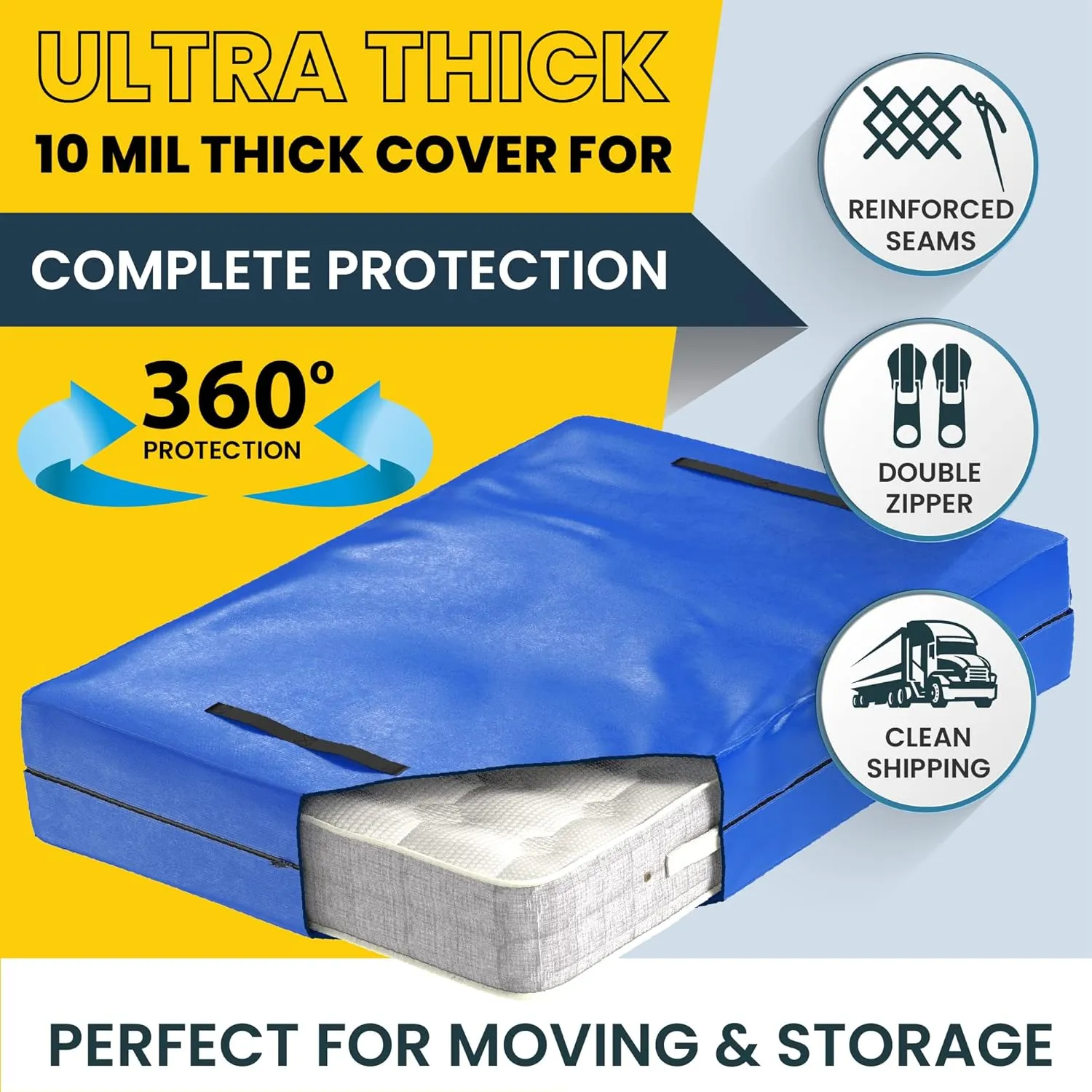 (Full) 10 Mil Thick - Moving and Storage Mattress Bag w Zipper and 8 Carrying Handles - Waterproof - UV Resistant - Heavy Duty - Long Lasting (Blue, Full)
