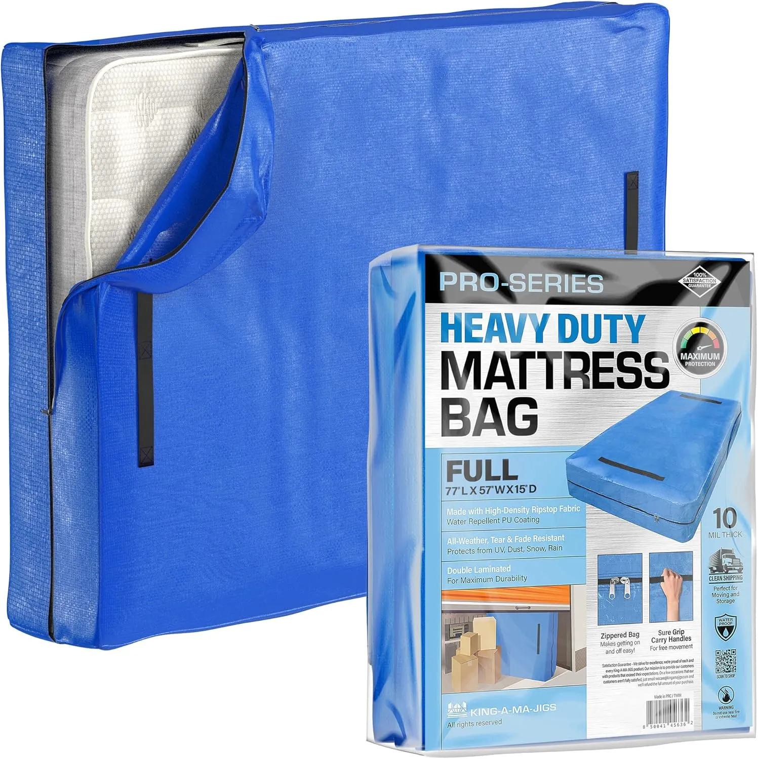 (Full) 10 Mil Thick - Moving and Storage Mattress Bag w Zipper and 8 Carrying Handles - Waterproof - UV Resistant - Heavy Duty - Long Lasting (Blue, Full)