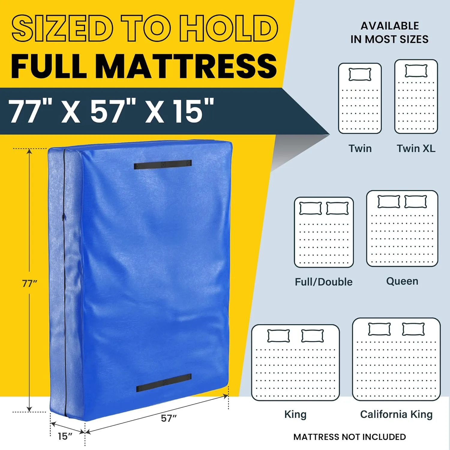 (Full) 10 Mil Thick - Moving and Storage Mattress Bag w Zipper and 8 Carrying Handles - Waterproof - UV Resistant - Heavy Duty - Long Lasting (Blue, Full)