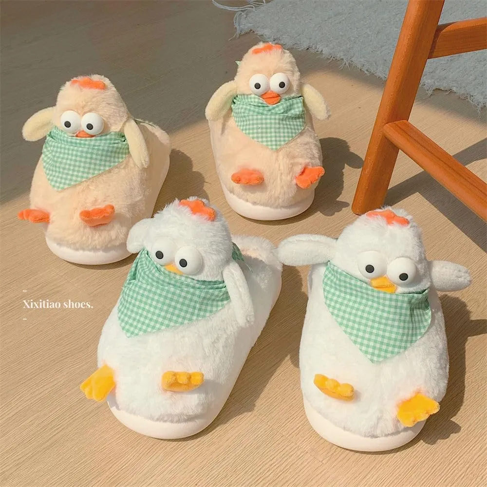 Funny Animal Fuzzy Slippers for Women Girls Kawaii Cartoon Plush Cute Warm Chicken Slippers Indoor In Winter Bedroom