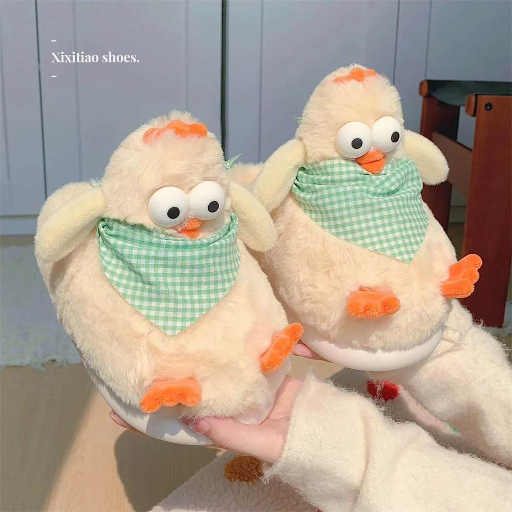 Funny Animal Fuzzy Slippers for Women Girls Kawaii Cartoon Plush Cute Warm Chicken Slippers Indoor In Winter Bedroom