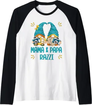 Funny Photographer Gnome Mama And Papa Razzi For Mom And Dad Raglan Baseball Tee
