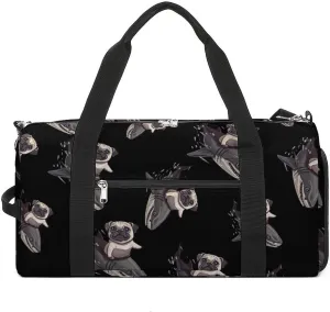 Funny Pug Riding Shark Fish Sports Gym Bag for Men Women Travel Duffel Bag with Shoulder Strap