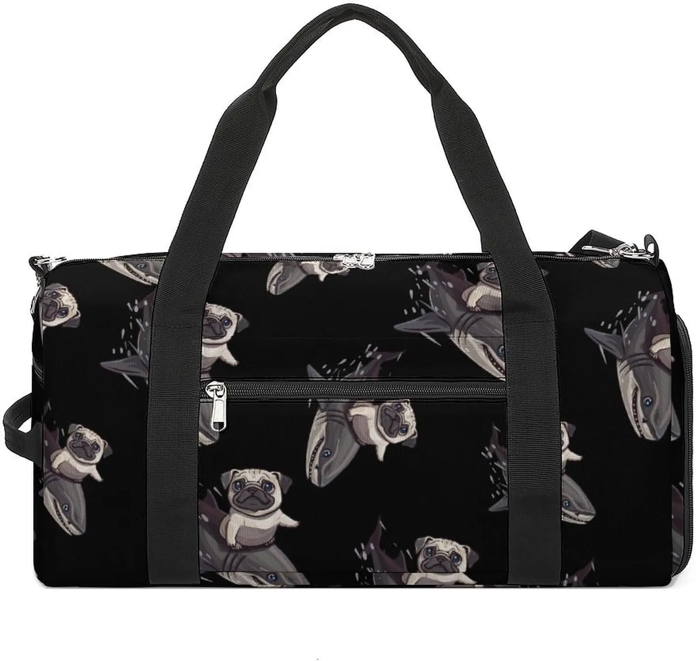 Funny Pug Riding Shark Fish Sports Gym Bag for Men Women Travel Duffel Bag with Shoulder Strap
