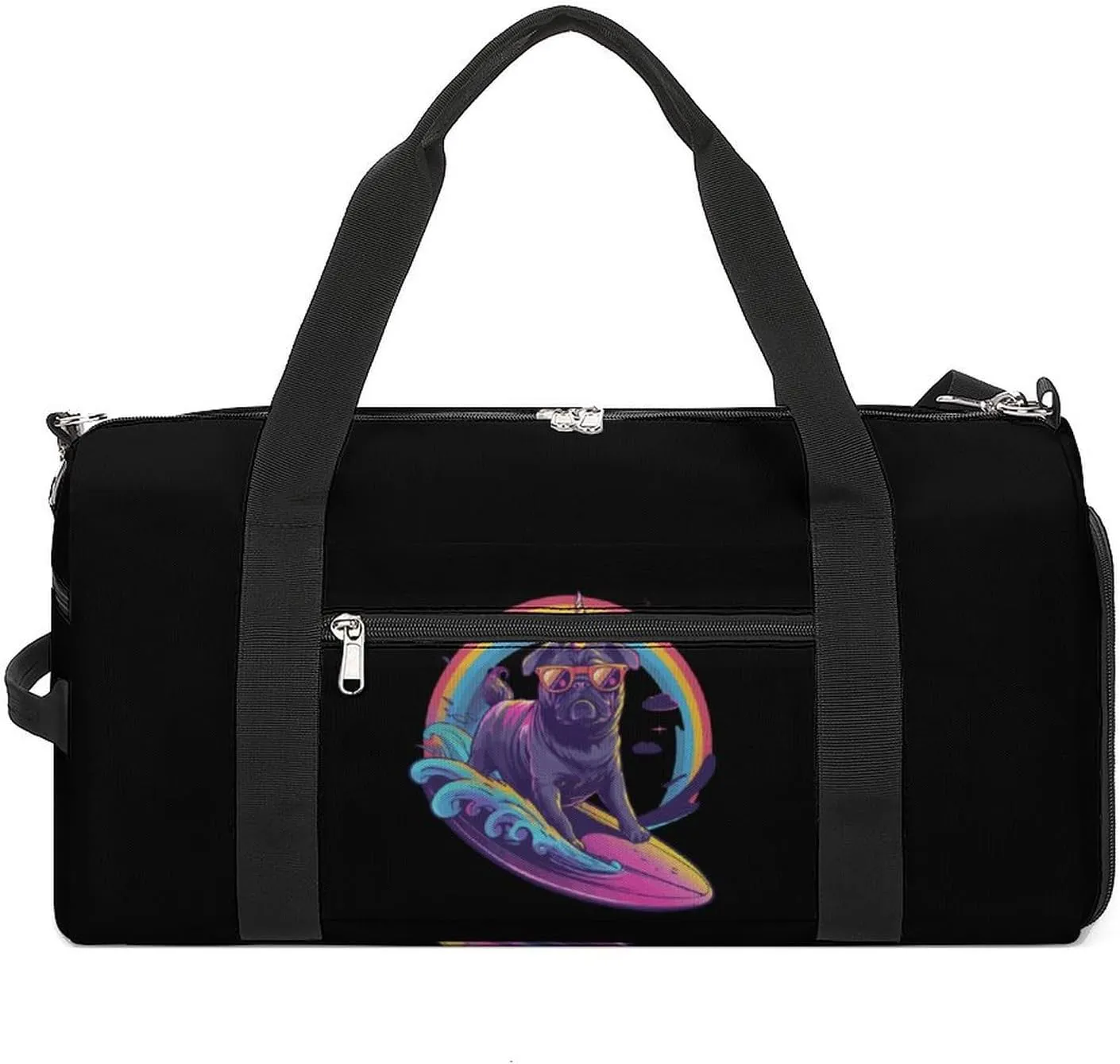 Funny Unicorn Pug Surfing Sports Gym Bag for Men Women Travel Duffel Bag with Shoulder Strap