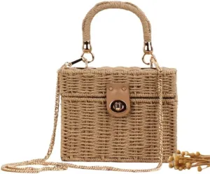 FUNSEED Small Square Box Summer Beach Straw Bag for Women, Fashion Handmade Woven Crossbody Bag Handbag for Vacation