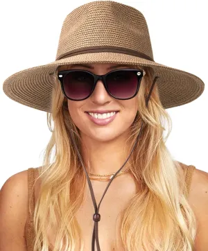 FURTALK Womens Sun Hat Summer Straw Beach Hats UPF 80  Wide Brim Panama Fedora Hats with Wind Lanyard