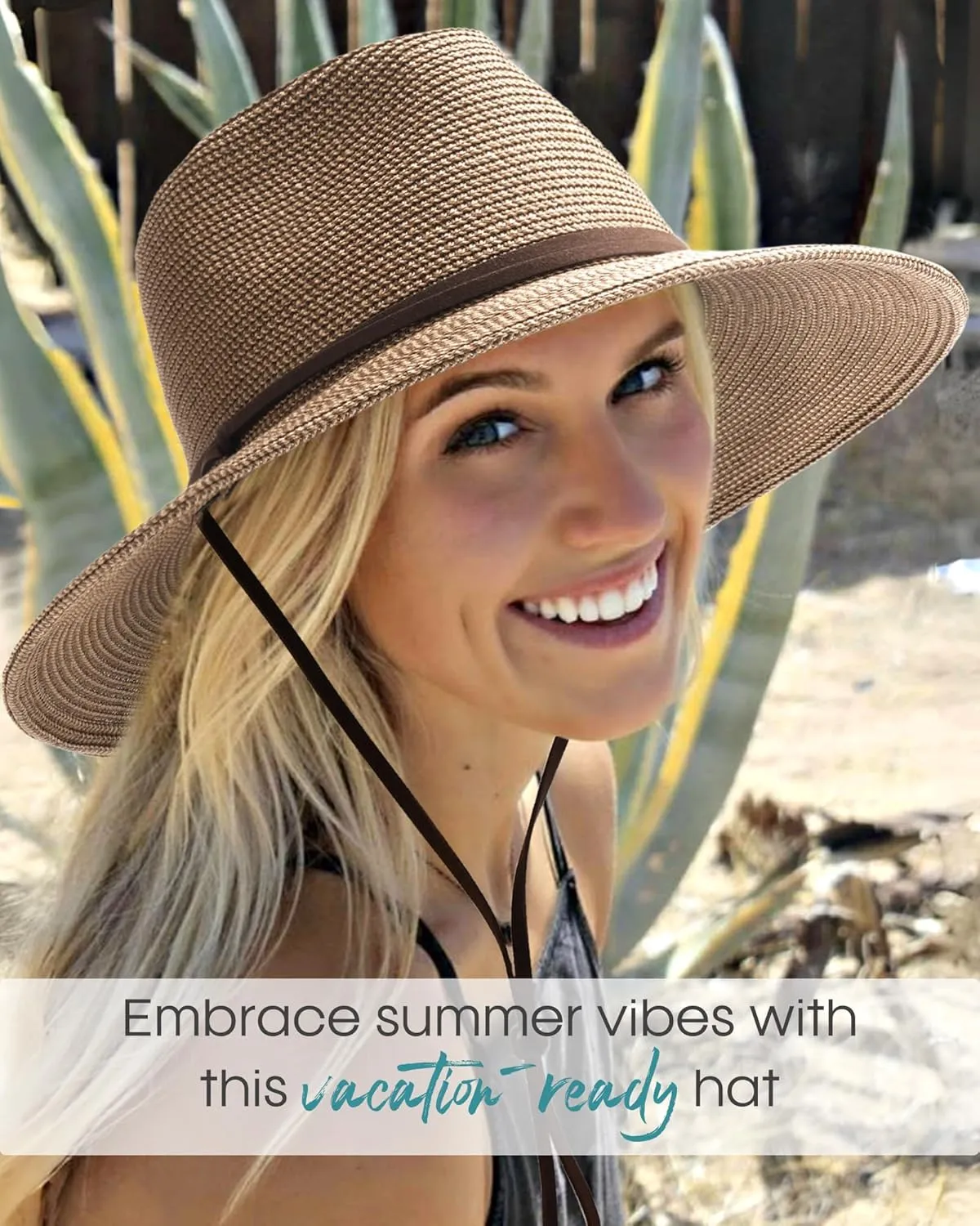FURTALK Womens Sun Hat Summer Straw Beach Hats UPF 80  Wide Brim Panama Fedora Hats with Wind Lanyard