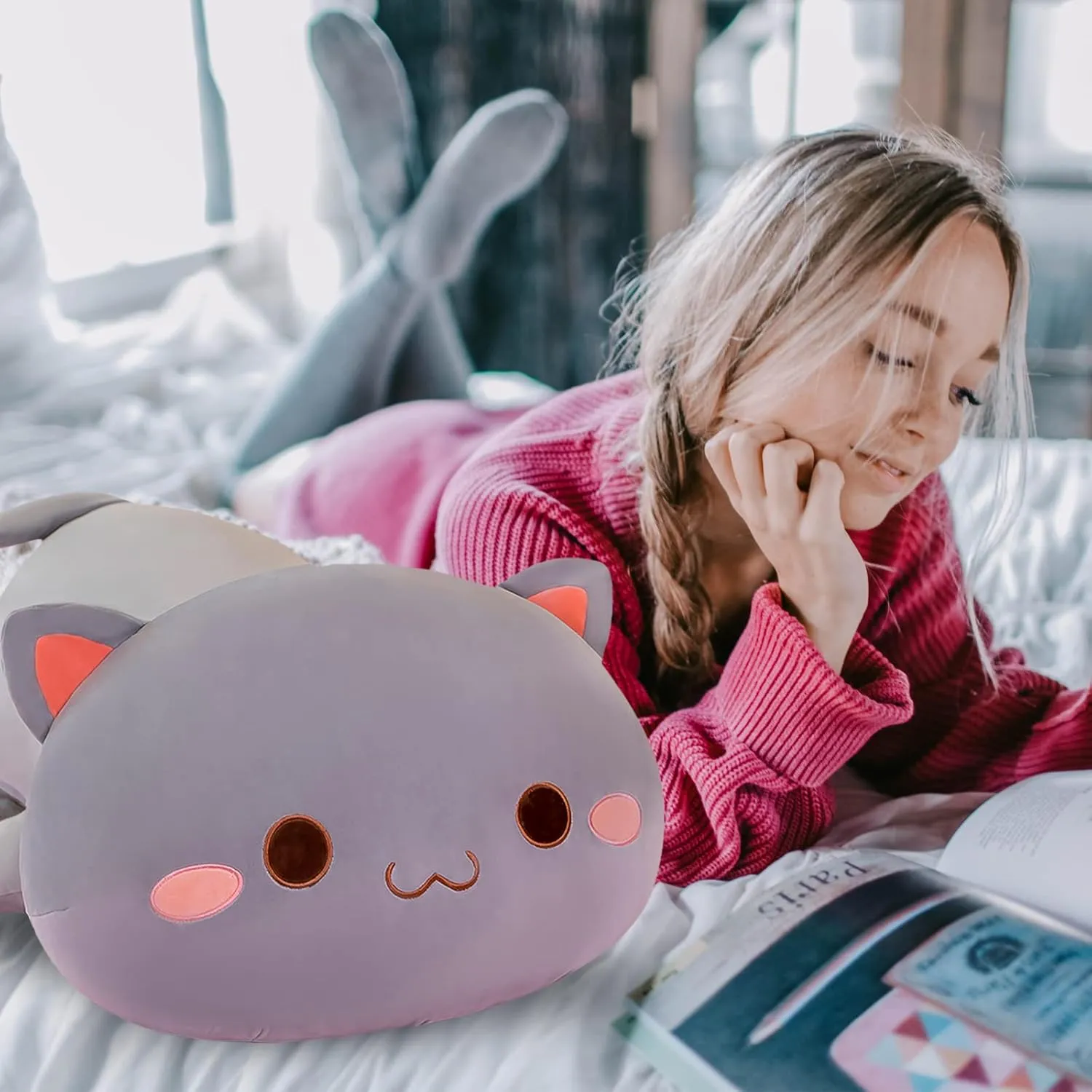FUYU Cat Stuffed Animals, Soft Cat Plush Pillow Kawaii Kitten Stuffed Animal Toy Gifts for Kids Boys Girls Room Decor (Grey Round Eyes,35in/87)