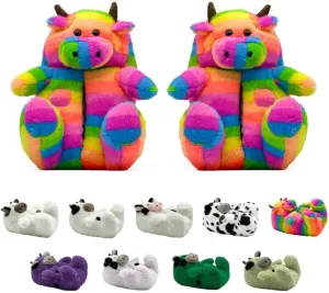 Fuzzy Cow Slippers for Women and Men, Cute Cozy Cartoon Animals Slippers Fluffy Plush House Slippers Preppy Funny Indoor Outdoor Shoes