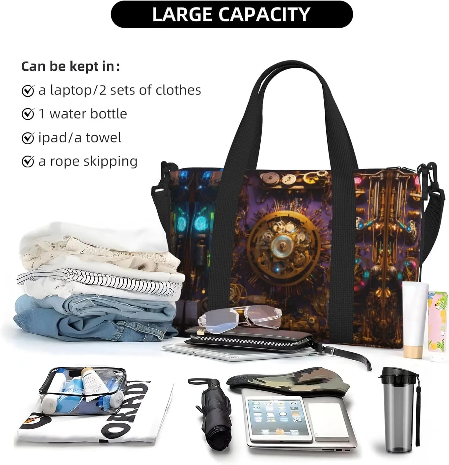Gears Clock Bronze Century Small Duffel Bag Foldable Travel Bag Weekender Bag Overnight Gym Hospital Bags For Women&Men