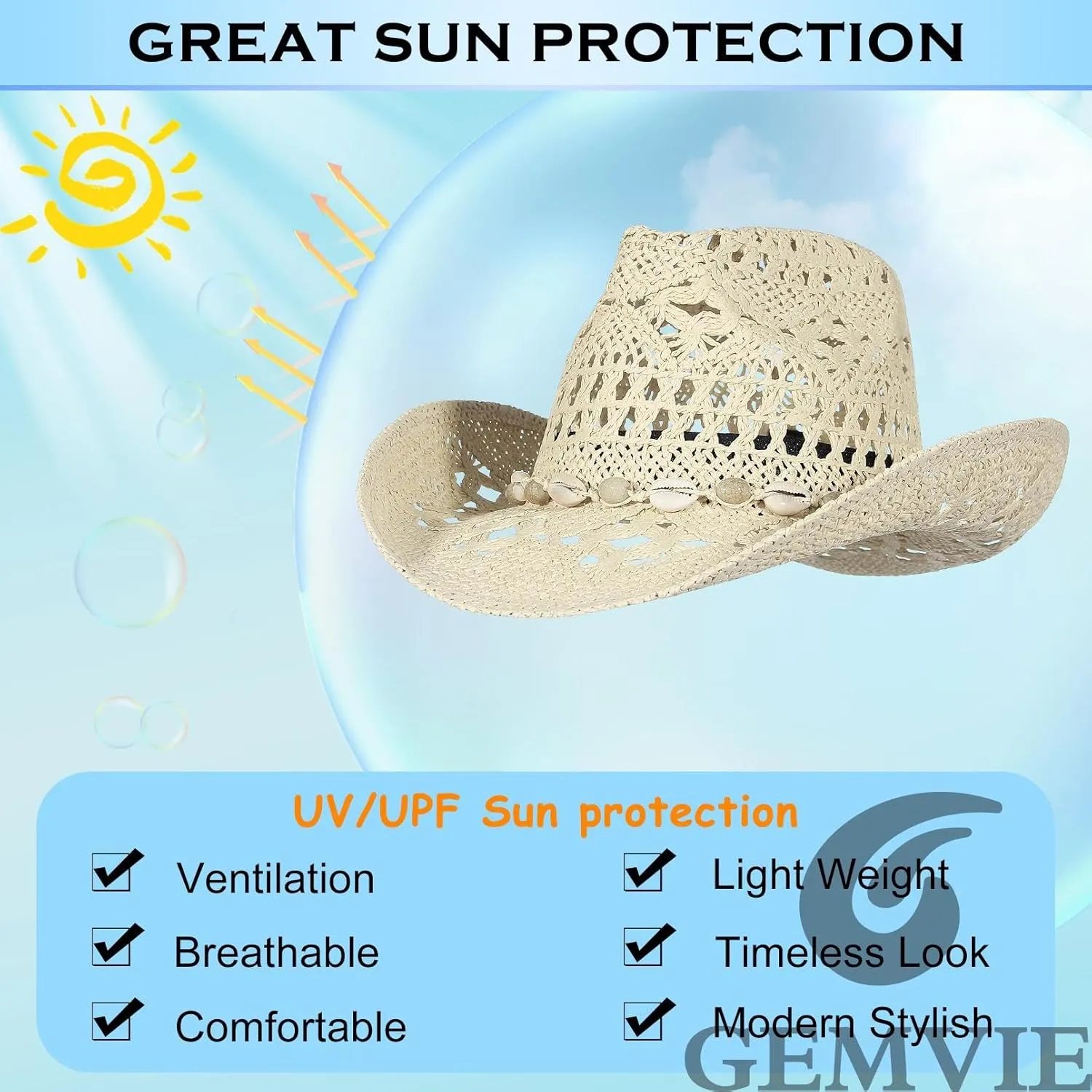 GEMVIE Turquoise Straw Cowboy Hat for Men Women Summer Western Cowgirl Hat Woven Hollow Out Wide Brim Hat